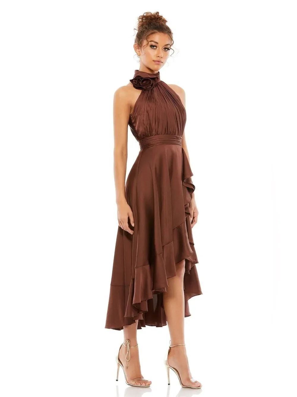 NWT Mac Duggal 49488 Brown Halter Neck Flower Detail Midi Dress Size 2